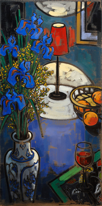 B-_Iris bleus et panier de pêches_ 44_x22_#2FB1 Artiste peintre fleurs