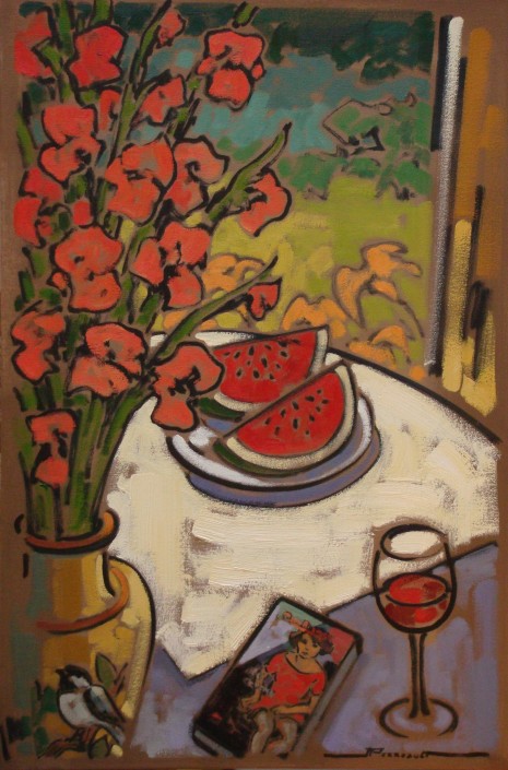 T-_Glaïeuls et melons rouges_ 30_x20_#152B Artiste peintre fleurs